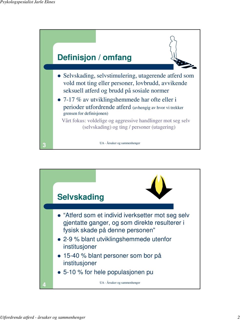 (selvskading) og ting / personer (utagering) 3 Selvskading Atferd som et individ iverksetter mot seg selv gjentatte ganger, og som direkte resulterer i fysisk skade på denne