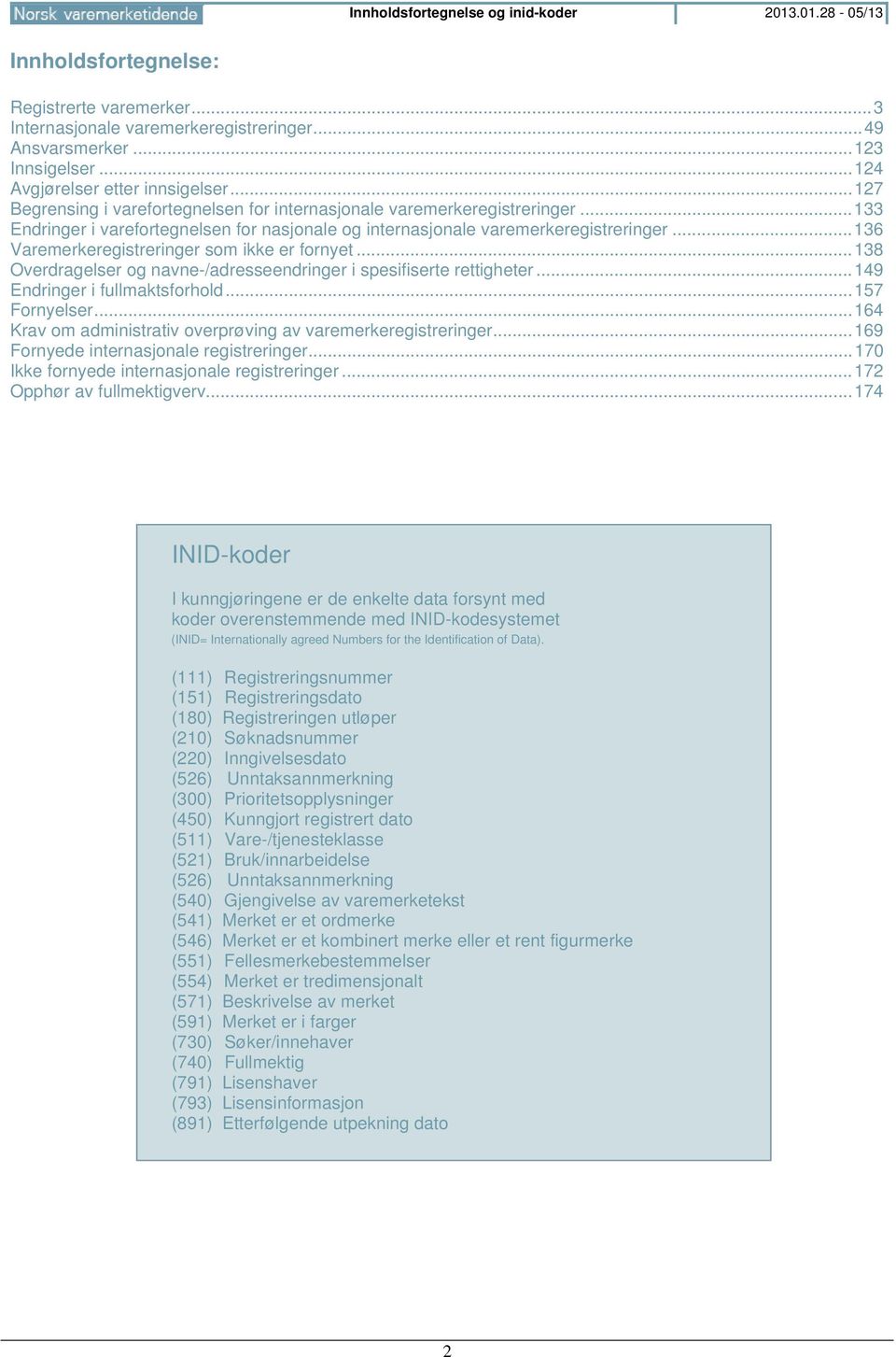 .. 133 Endringer i varefortegnelsen for nasjonale og internasjonale varemerkeregistreringer... 136 Varemerkeregistreringer som ikke er fornyet.