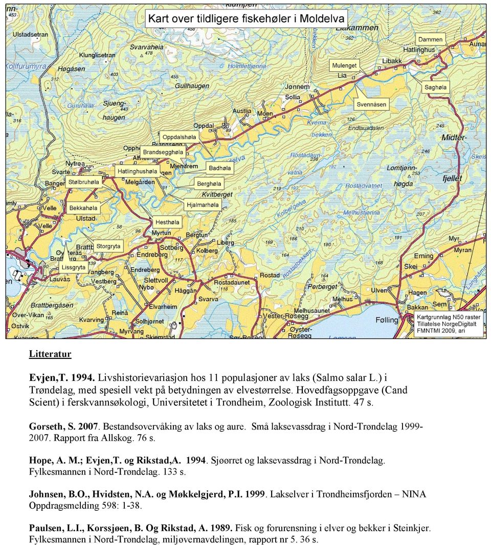 Små laksevassdrag i Nord-Trøndelag 1999-2007. Rapport fra Allskog. 76 s. Hope, A. M.; Evjen,T. og Rikstad,A. 1994. Sjøørret og laksevassdrag i Nord-Trøndelag. Fylkesmannen i Nord-Trøndelag. 133 s.