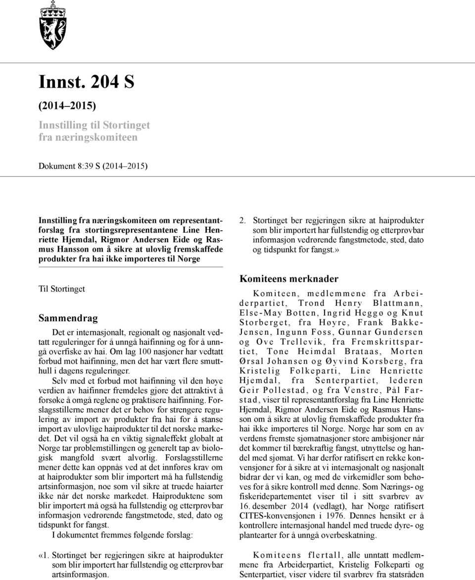 Hjemdal, Rigmor Andersen Eide og Rasmus Hansson om å sikre at ulovlig fremskaffede produkter fra hai ikke importeres til Norge Til Stortinget Sammendrag Det er internasjonalt, regionalt og nasjonalt