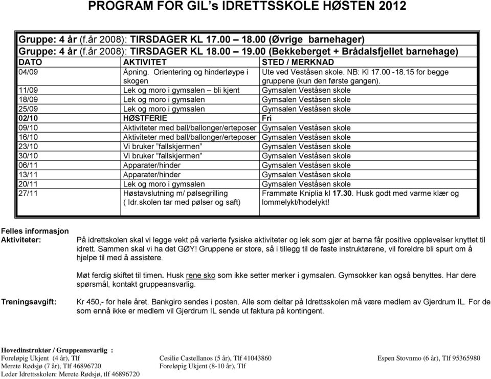 skole 09/10 Aktiviteter med ball/ballonger/erteposer Gymsalen Veståsen skole 16/10 Aktiviteter med ball/ballonger/erteposer Gymsalen Veståsen skole 23/10 Vi bruker fallskjermen Gymsalen Veståsen