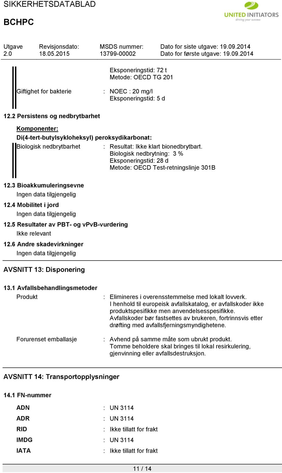 5 Resultater av PBT- og vpvb-vurdering Ikke relevant 12.6 Andre skadevirkninger Ingen data tilgjengelig AVSNITT 13: Disponering 13.