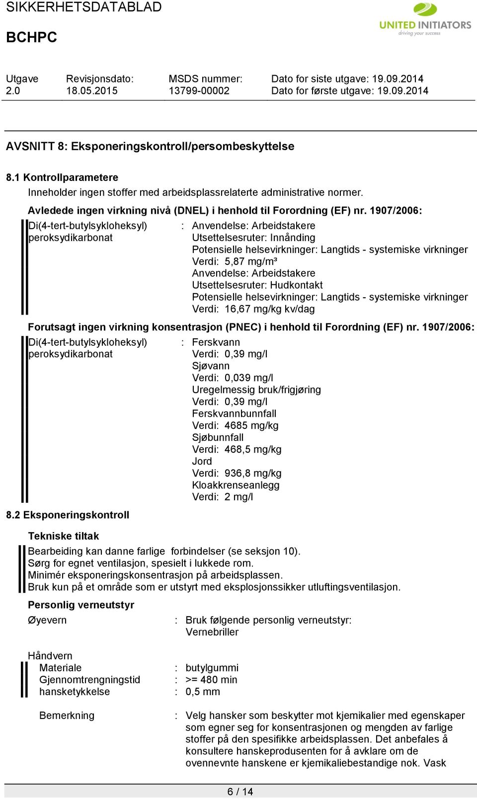 1907/2006: Di(4-tert-butylsykloheksyl) peroksydikarbonat : Anvendelse: Arbeidstakere Utsettelsesruter: Innånding Potensielle helsevirkninger: Langtids - systemiske virkninger Verdi: 5,87 mg/m³