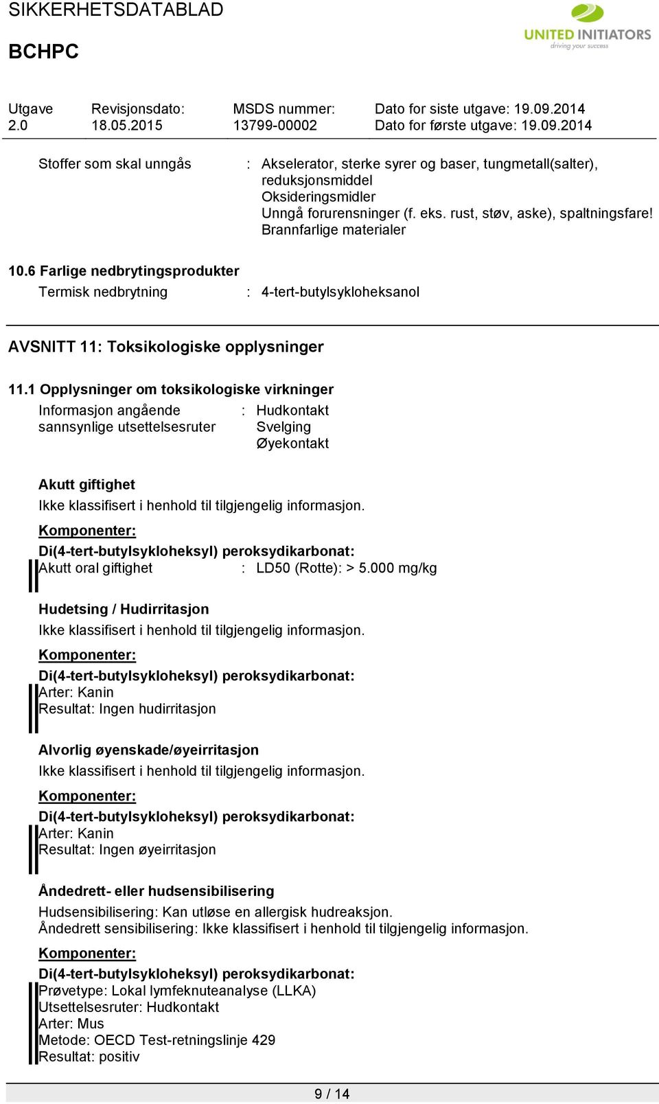 1 Opplysninger om toksikologiske virkninger Informasjon angående sannsynlige utsettelsesruter : Hudkontakt Svelging Øyekontakt Akutt giftighet Akutt oral giftighet : LD50 (Rotte): > 5.