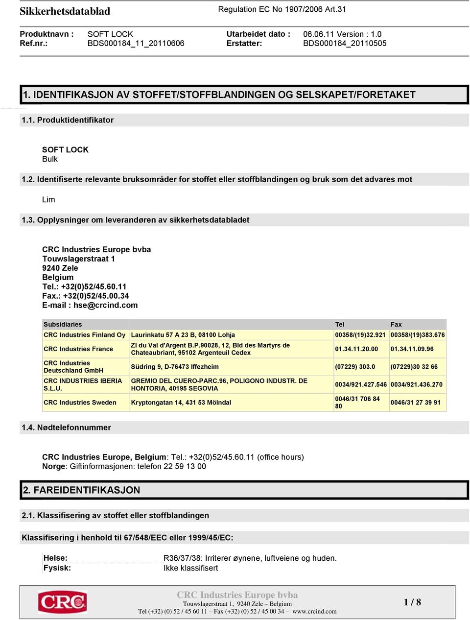 Opplysninger om leverandøren av sikkerhetsdatabladet Touwslagerstraat 1 9240 Zele Belgium Tel.: +32(0)52/45.60.11 Fax.: +32(0)52/45.00.34 E-mail : hse@crcind.