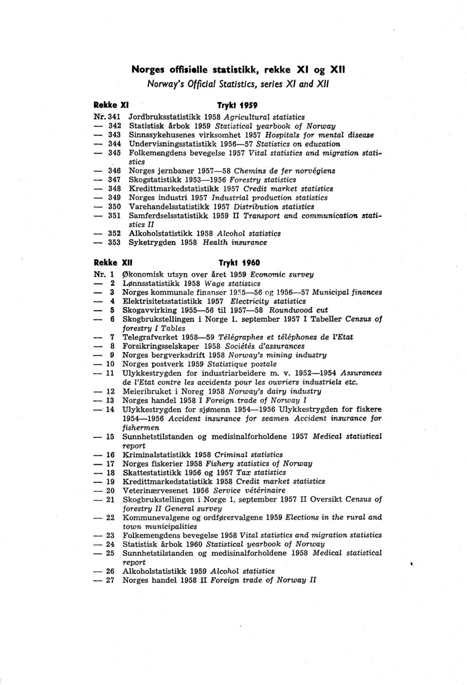 Undervisningsstatistikk 1956-57 Statistics on education - 345 Folkemengdens bevegelse 1957 Vital statistics and migration statistics - 346 Norges jernbaner 1957-58 Chemins de fer norvegiens - 347