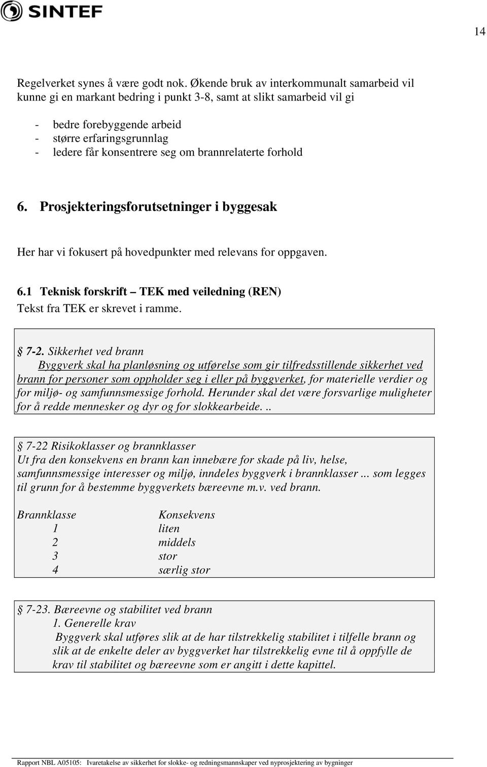 om brannrelaterte forhold 6. Prosjekteringsforutsetninger i byggesak Her har vi fokusert på hovedpunkter med relevans for oppgaven. 6.1 Teknisk forskrift TEK med veiledning (REN) Tekst fra TEK er skrevet i ramme.