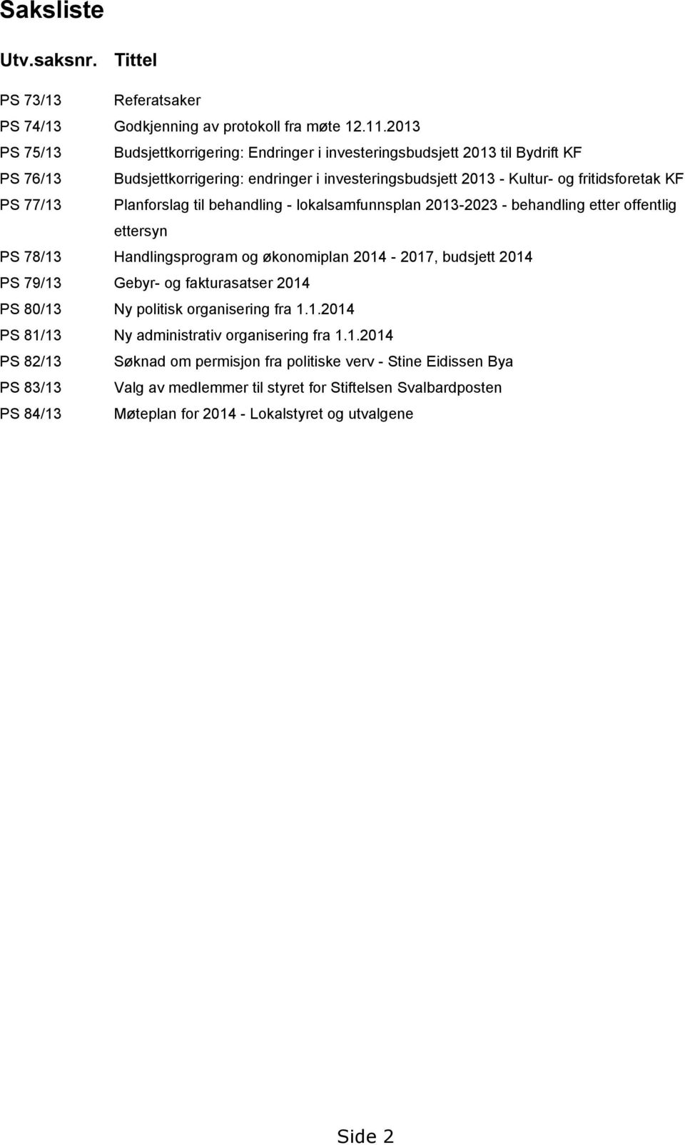 Planforslag til behandling - lokalsamfunnsplan 2013-2023 - behandling etter offentlig ettersyn PS 78/13 Handlingsprogram og økonomiplan 2014-2017, budsjett 2014 PS 79/13 Gebyr- og fakturasatser