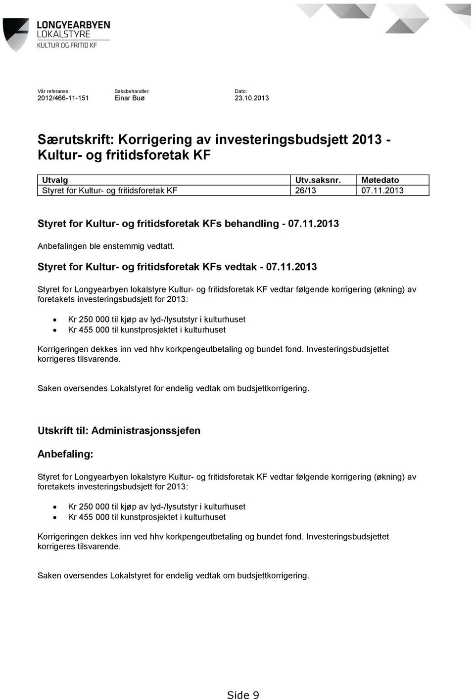 Styret for Kultur- og fritidsforetak KFs vedtak - 07.11.