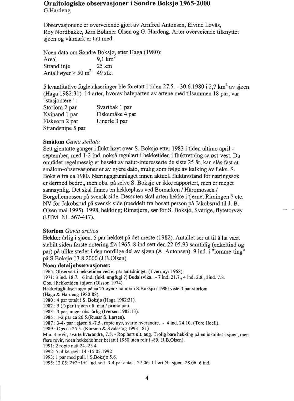 5 kvantitative fugletakseringer ble foretatt i tiden 27.5. - 30.6.1980 i 2,7 km 2 av sjøen (Haga 1982:31).