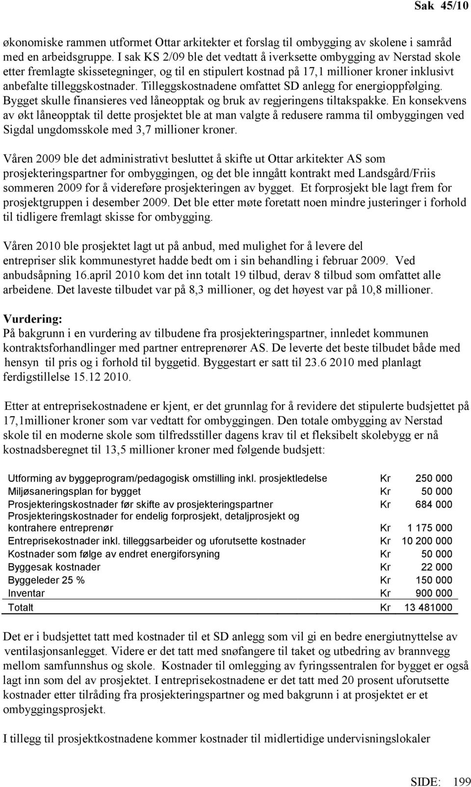 Tilleggskostnadene omfattet SD anlegg for energioppfølging. Bygget skulle finansieres ved låneopptak og bruk av regjeringens tiltakspakke.