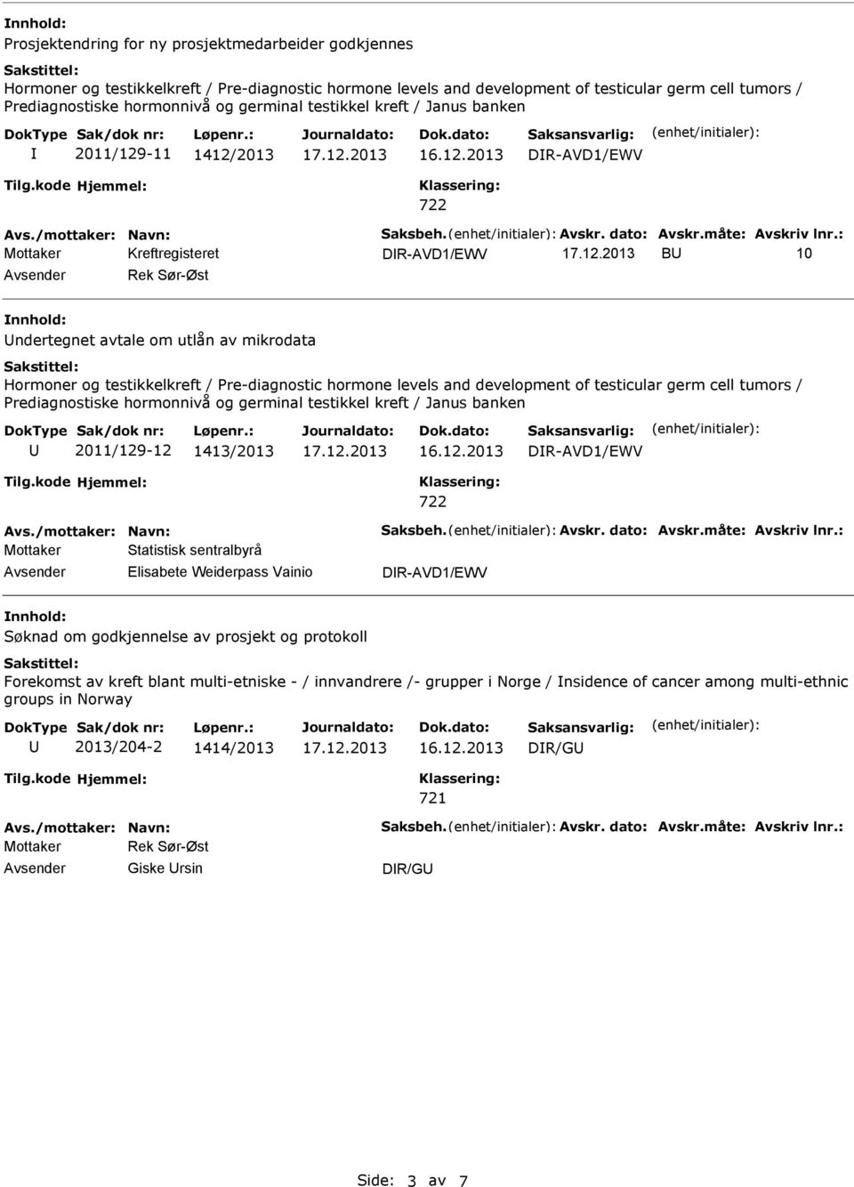 levels and development of testicular germ cell tumors / Prediagnostiske hormonnivå og germinal testikkel kreft / Janus banken 2011/129-12 1413/2013 DR-AVD1/EWV Mottaker Statistisk sentralbyrå