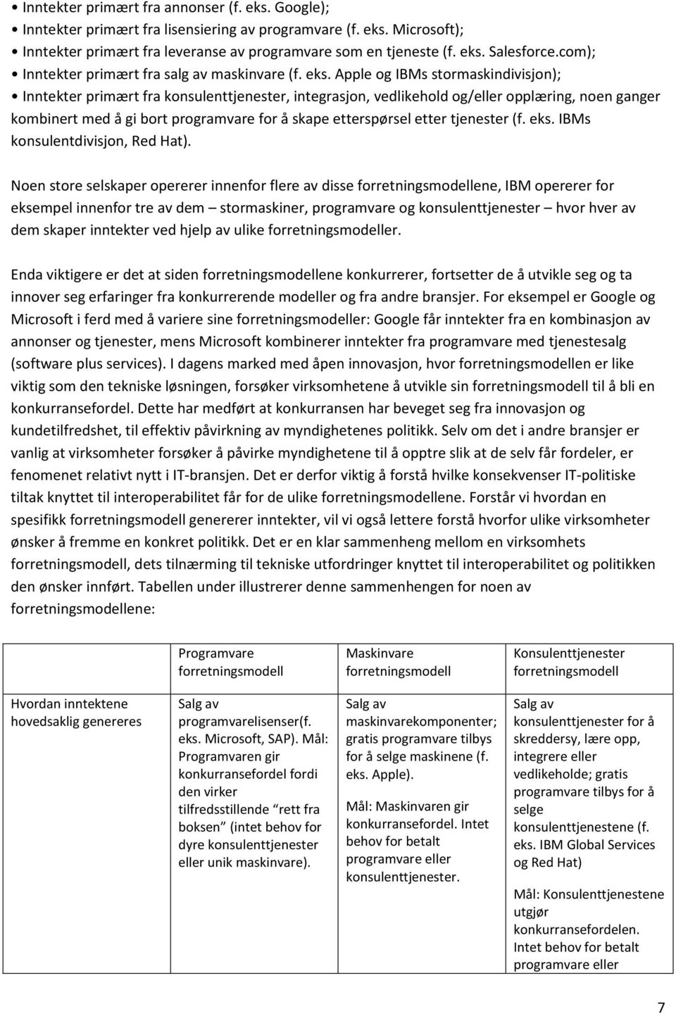 Apple og IBMs stormaskindivisjon); Inntekter primært fra konsulenttjenester, integrasjon, vedlikehold og/eller opplæring, noen ganger kombinert med å gi bort programvare for å skape etterspørsel