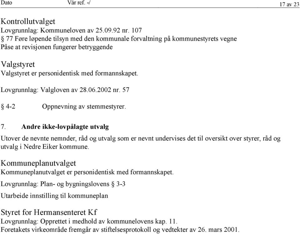 Lovgrunnlag: Valgloven av 28.06.2002 nr. 57 4-2 Oppnevning av stemmestyrer. 7.