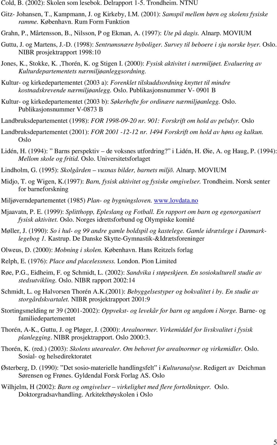 Survey til beboere i sju norske byer. Oslo. NIBR prosjektrapport 1998:10 Jones, K., Stokke, K.,Thorén, K. og Stigen I. (2000): Fysisk aktivitet i nærmiljøet.
