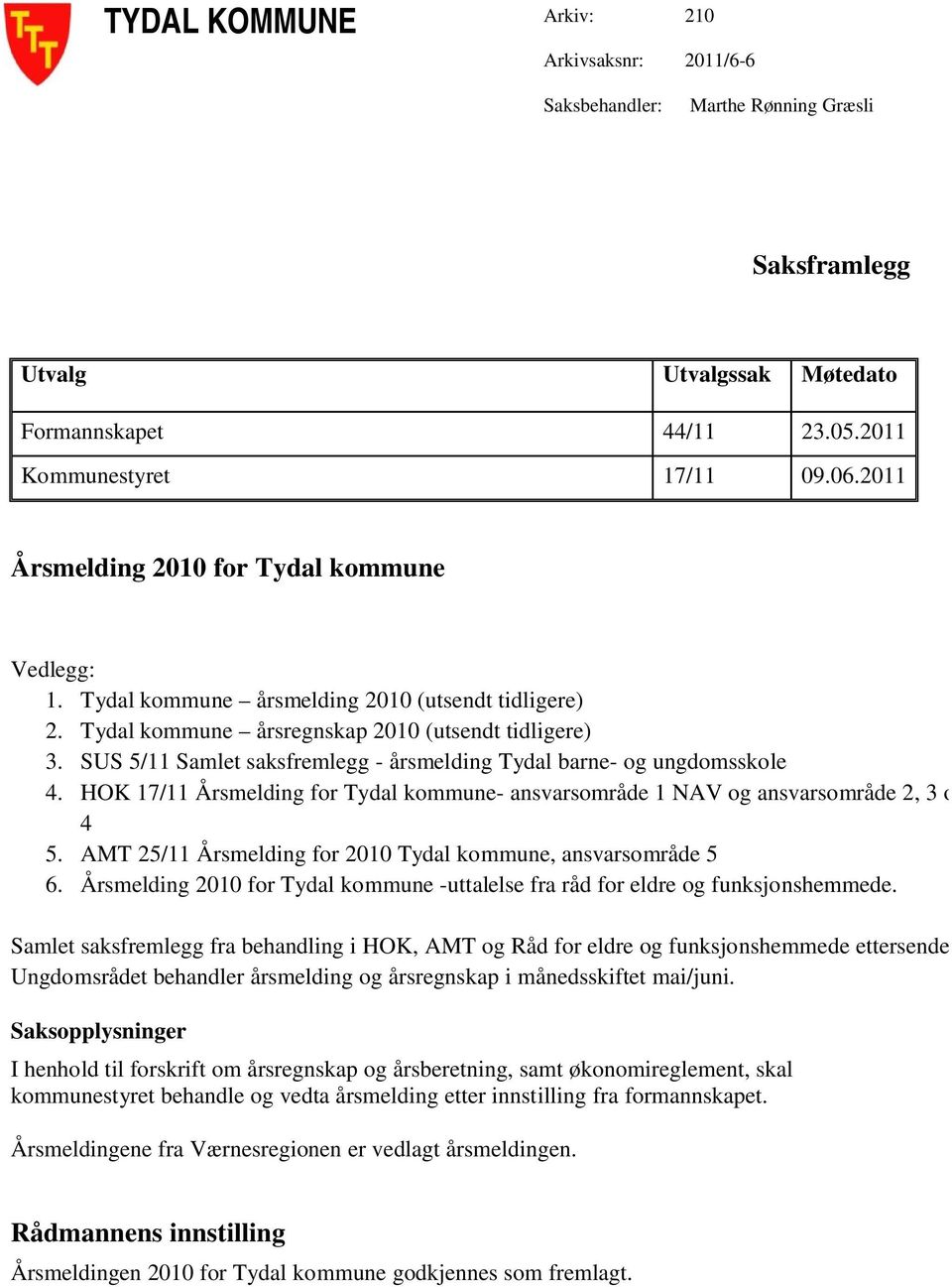 SUS 5/11 Samlet saksfremlegg - årsmelding Tydal barne- og ungdomsskole 4. HOK 17/11 Årsmelding for Tydal kommune- ansvarsområde 1 NAV og ansvarsområde 2, 3 og 4 5.