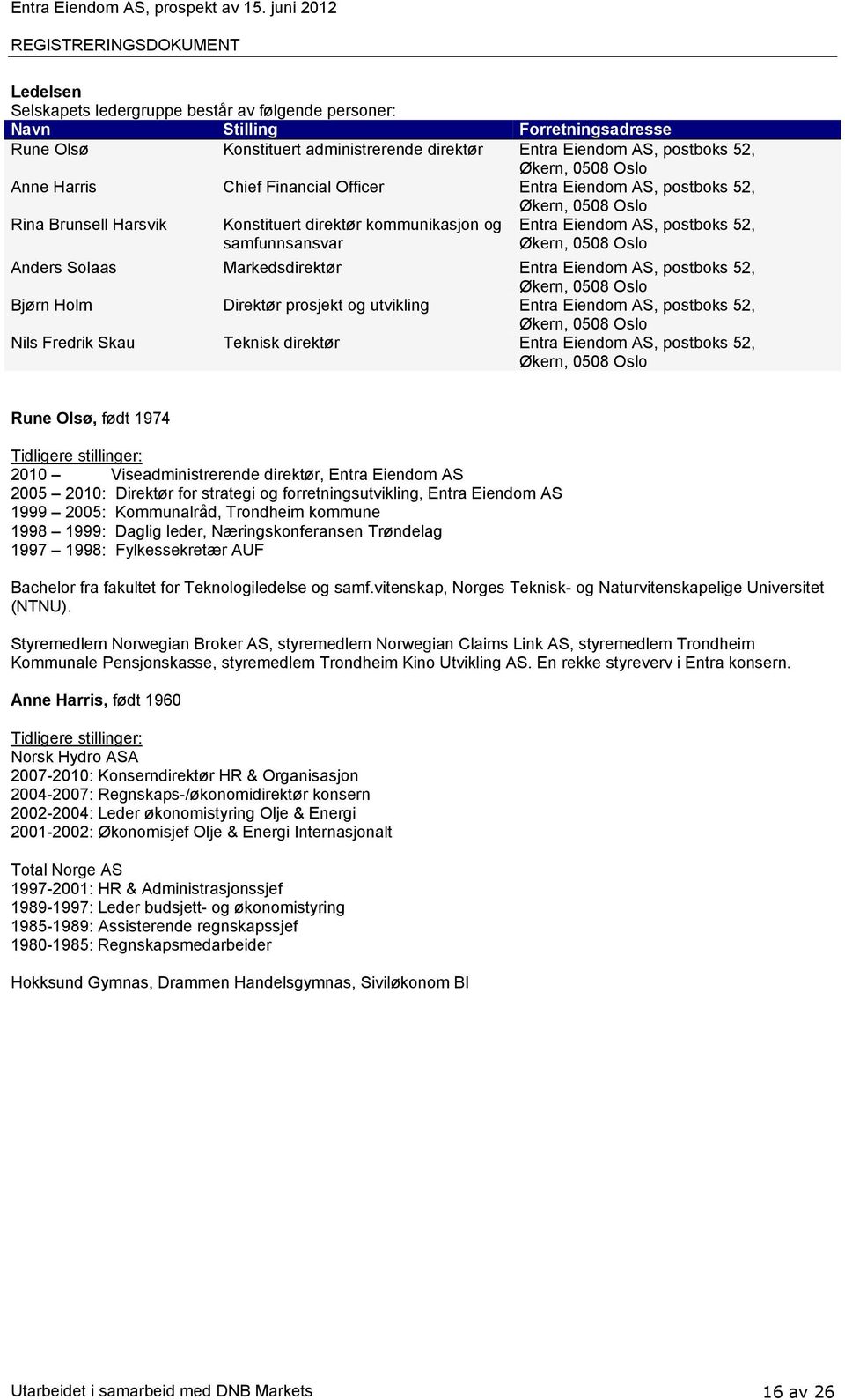 52, Økern, 0508 Oslo Anne Harris Chief Financial Officer Entra Eiendom AS, postboks 52, Økern, 0508 Oslo Rina Brunsell Harsvik Konstituert direktør kommunikasjon og samfunnsansvar Entra Eiendom AS,