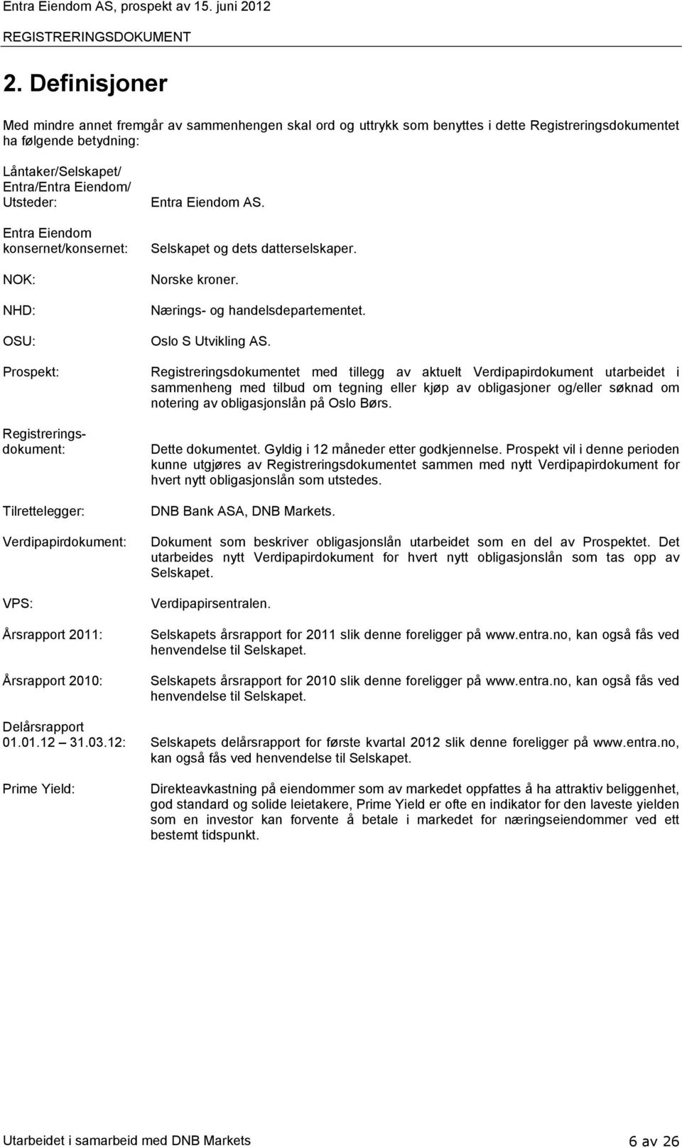 Eiendom konsernet/konsernet: NOK: NHD: OSU: Prospekt: Registreringsdokument: Tilrettelegger: Verdipapirdokument: VPS: Årsrapport 2011: Årsrapport 2010: Entra Eiendom AS.