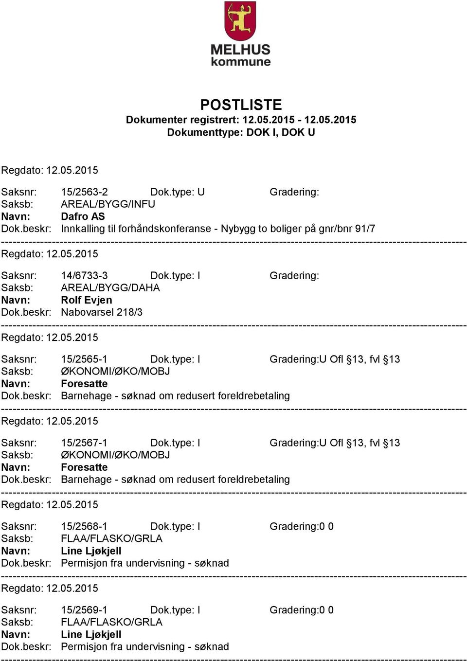 beskr: Barnehage - søknad om redusert foreldrebetaling Saksnr: 15/2567-1 Dok.type: I Gradering:U Ofl 13, fvl 13 Saksb: ØKONOMI/ØKO/MOBJ Navn: Foresatte Dok.