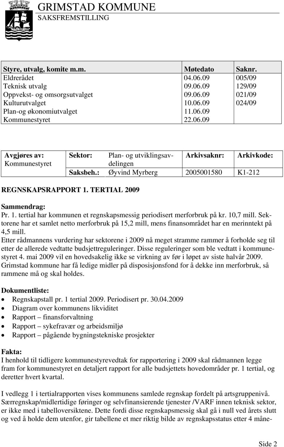 : Øyvind Myrberg 2005001580 K1-212 REGNSKAPSRAPPORT 1. TERTIAL 2009 Sammendrag: Pr. 1. tertial har kommunen et regnskapsmessig periodisert merforbruk på kr. 10,7 mill.