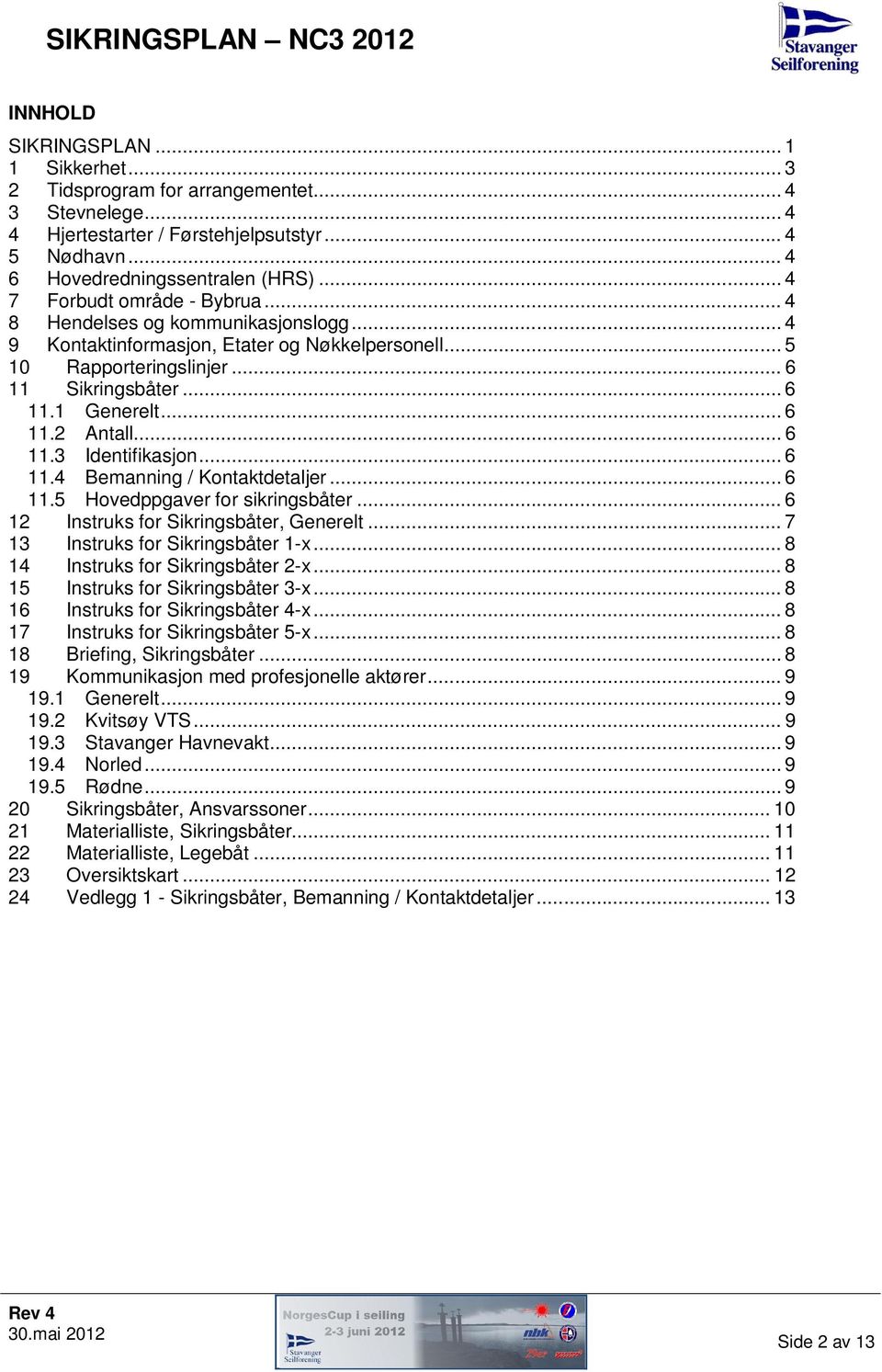 .. 6 11.3 Identifikasjon... 6 11.4 Bemanning / Kontaktdetaljer... 6 11.5 Hovedppgaver for sikringsbåter... 6 12 Instruks for Sikringsbåter, Generelt... 7 13 Instruks for Sikringsbåter 1-x.