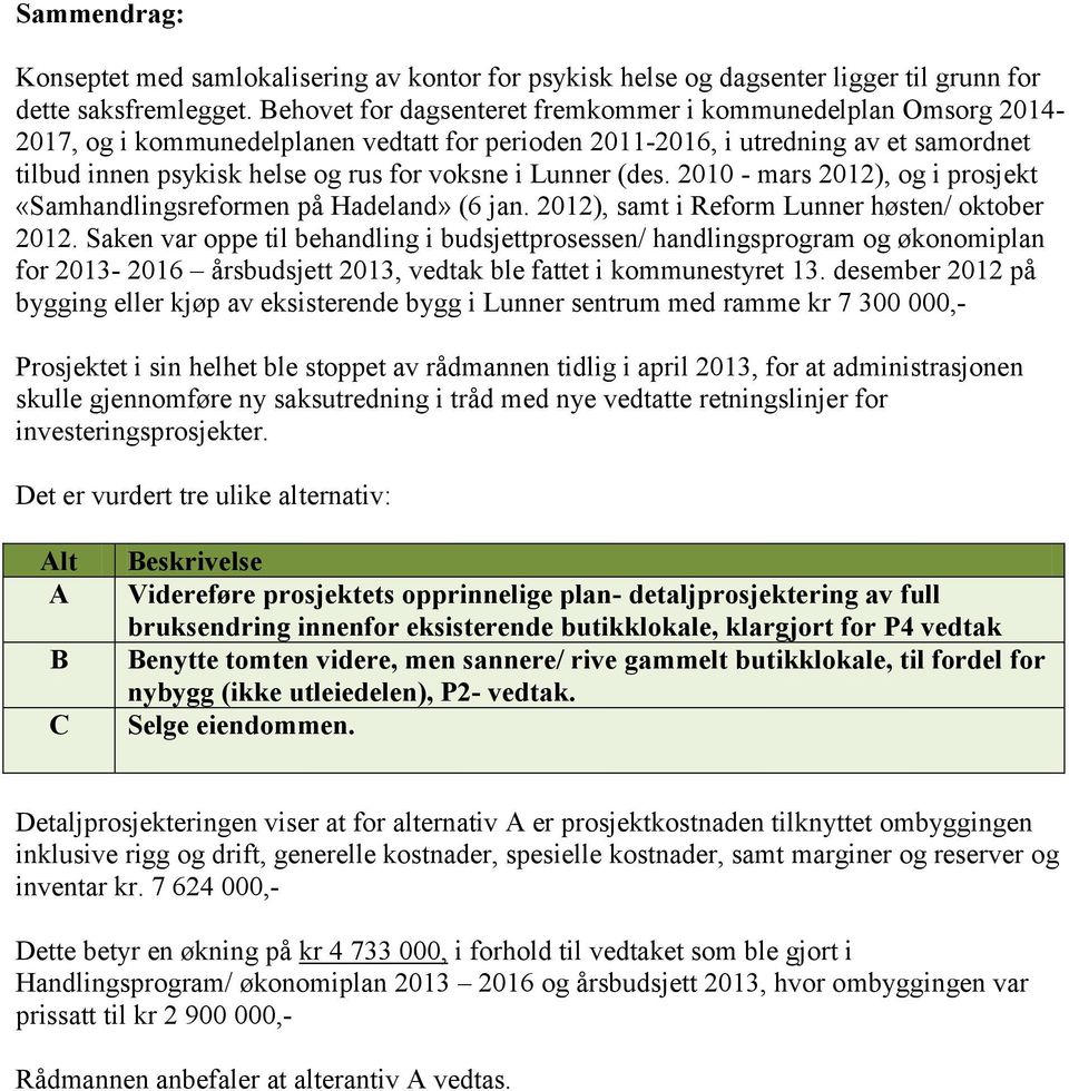 Lunner (des. 2010 - mars 2012), og i prosjekt «Samhandlingsreformen på Hadeland» (6 jan. 2012), samt i Reform Lunner høsten/ oktober 2012.