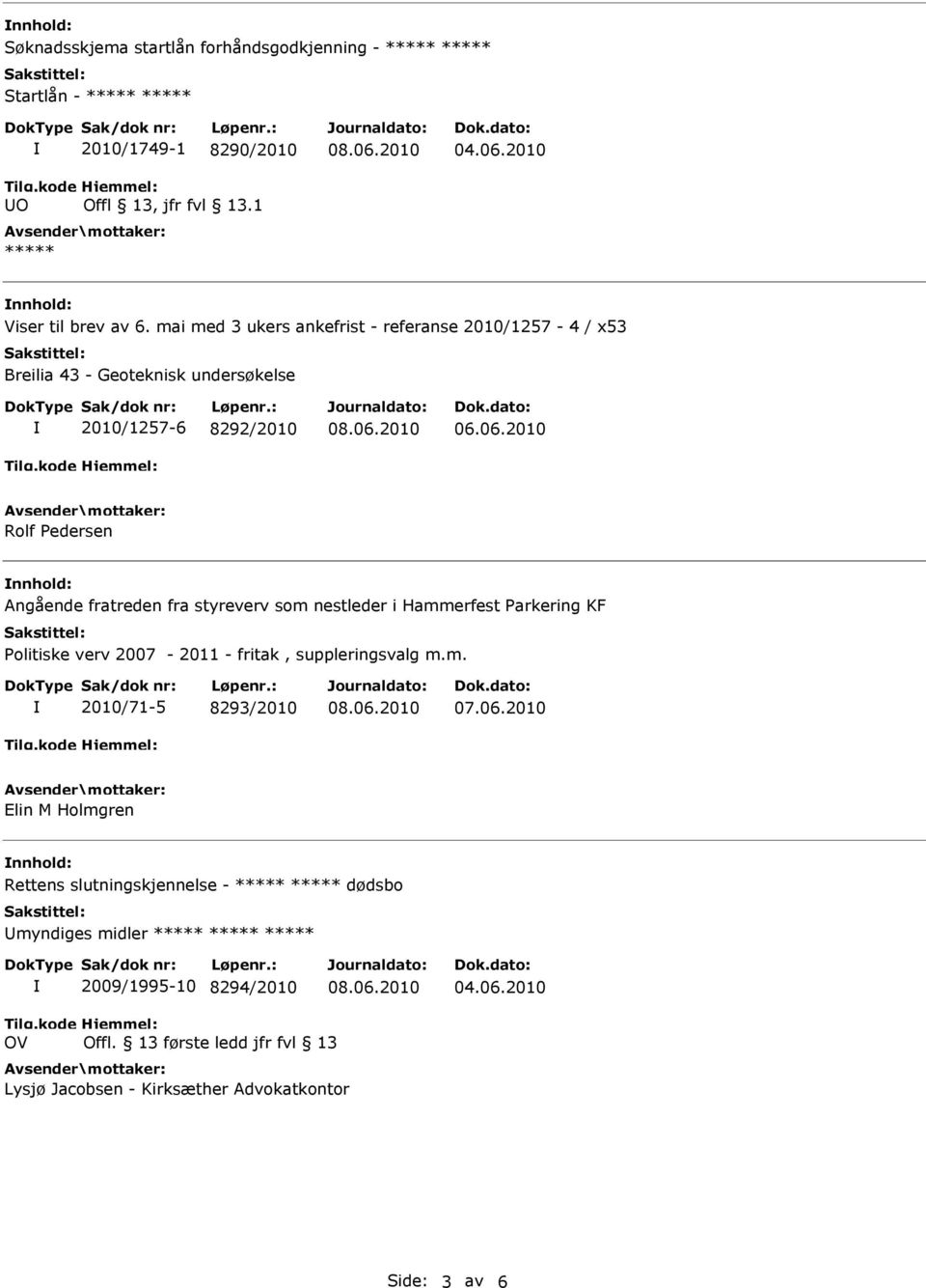 06.2010 Rolf Pedersen nnhold: Angående fratreden fra styreverv som nestleder i Hammerfest Parkering KF Politiske verv 2007-2011 - fritak, suppleringsvalg m.m. 2010/71-5 8293/2010 07.