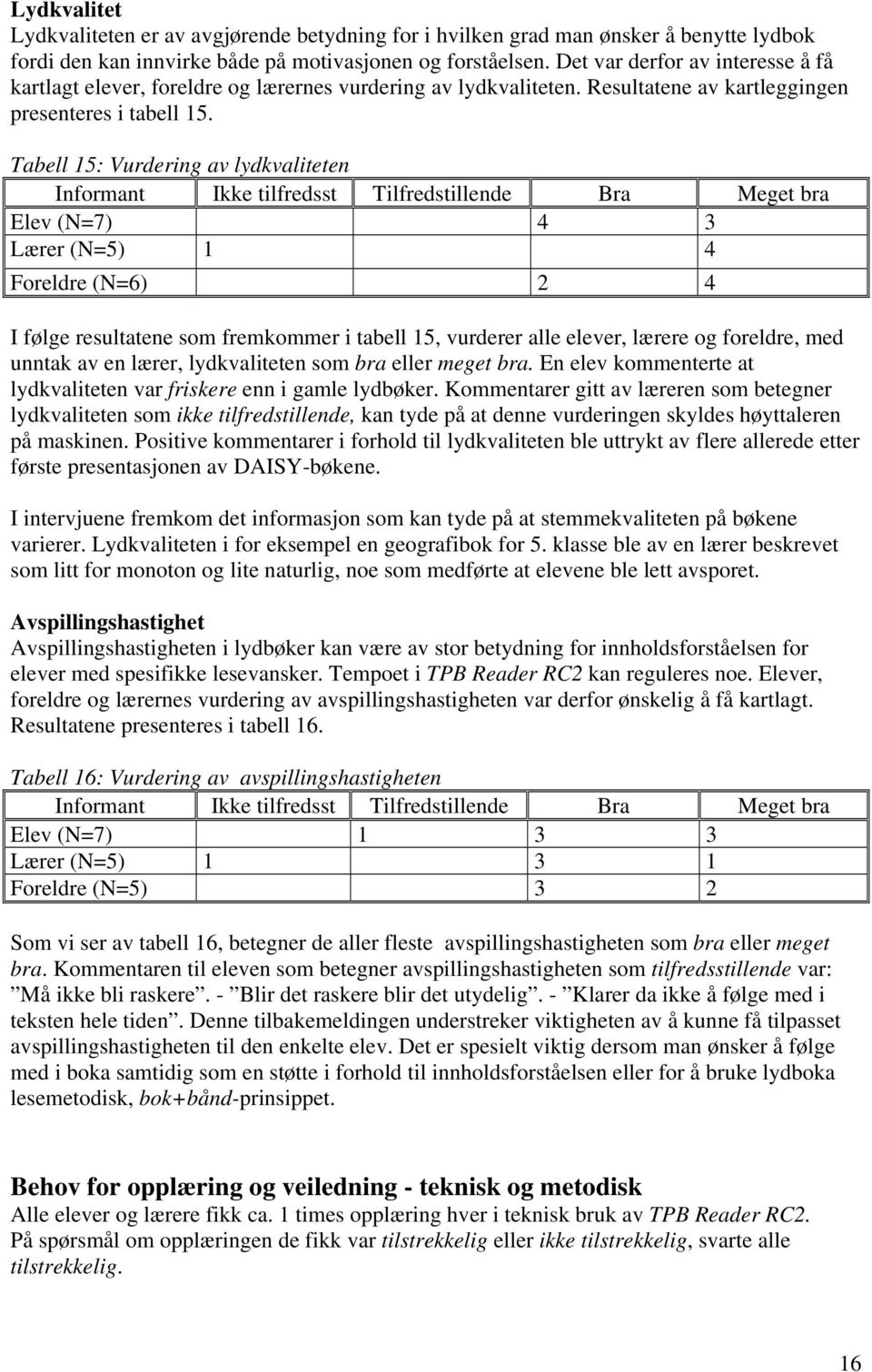 Tabell 15: Vurdering av lydkvaliteten Informant Ikke tilfredsst Tilfredstillende Bra Meget bra Elev (N=7) 4 3 Lærer (N=5) 1 4 Foreldre (N=6) 2 4 I følge resultatene som fremkommer i tabell 15,