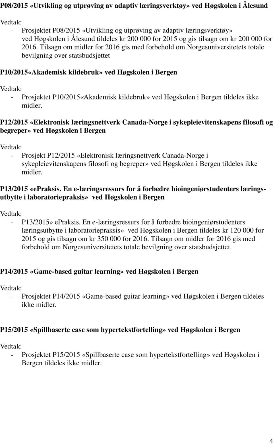 Tilsagn om midler for 2016 gis med forbehold om Norgesuniversitetets totale bevilgning over statsbudsjettet P10/2015«Akademisk kildebruk» ved Høgskolen i Bergen - Prosjektet P10/2015«Akademisk