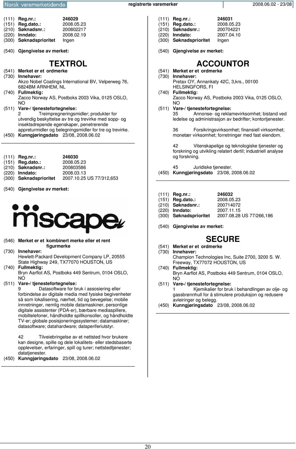 (151) Reg.dato.: 2008.05.23 (210) Søknadsnr.: 2008022