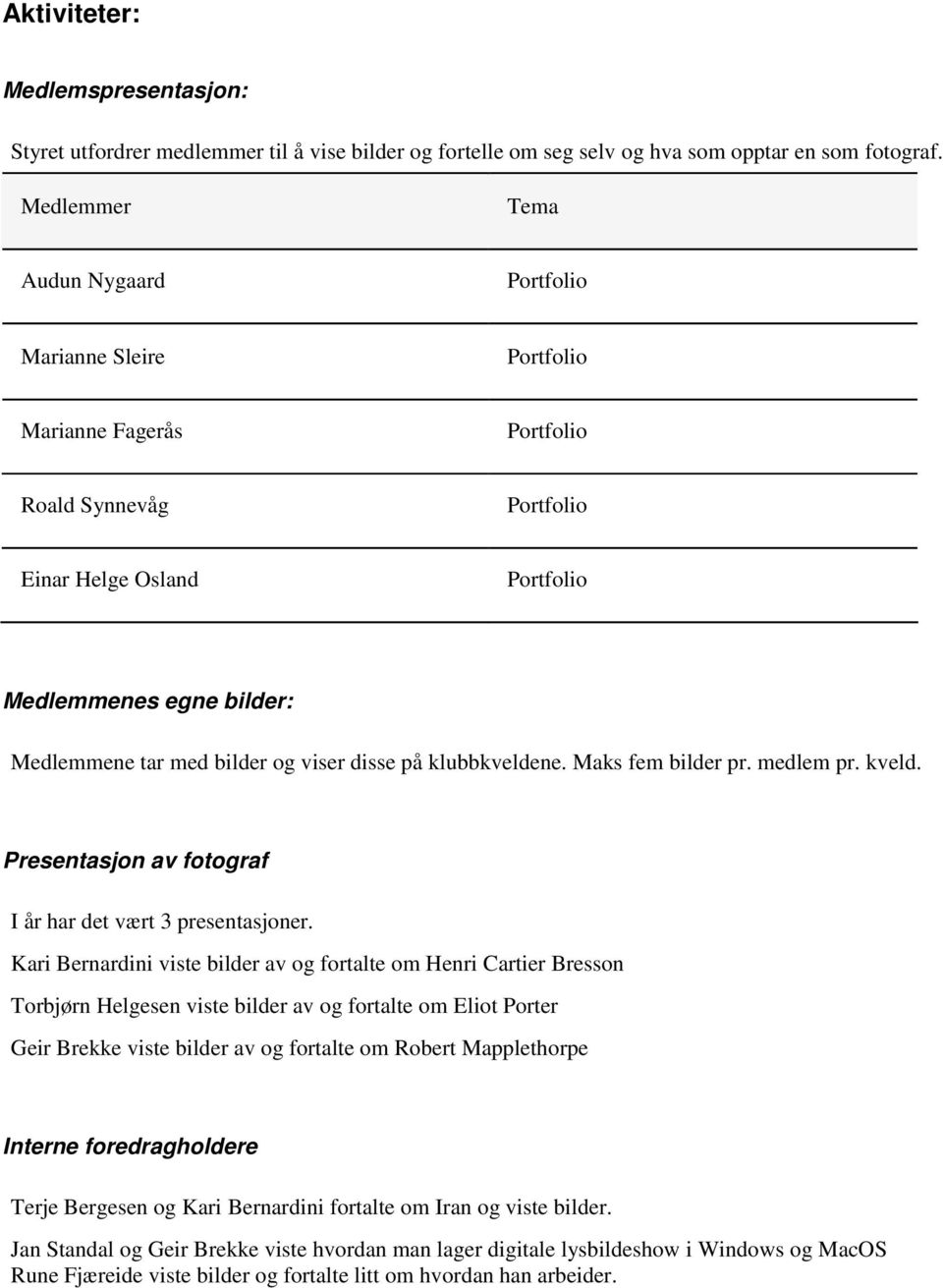 viser disse på klubbkveldene. Maks fem bilder pr. medlem pr. kveld. Presentasjon av fotograf I år har det vært 3 presentasjoner.