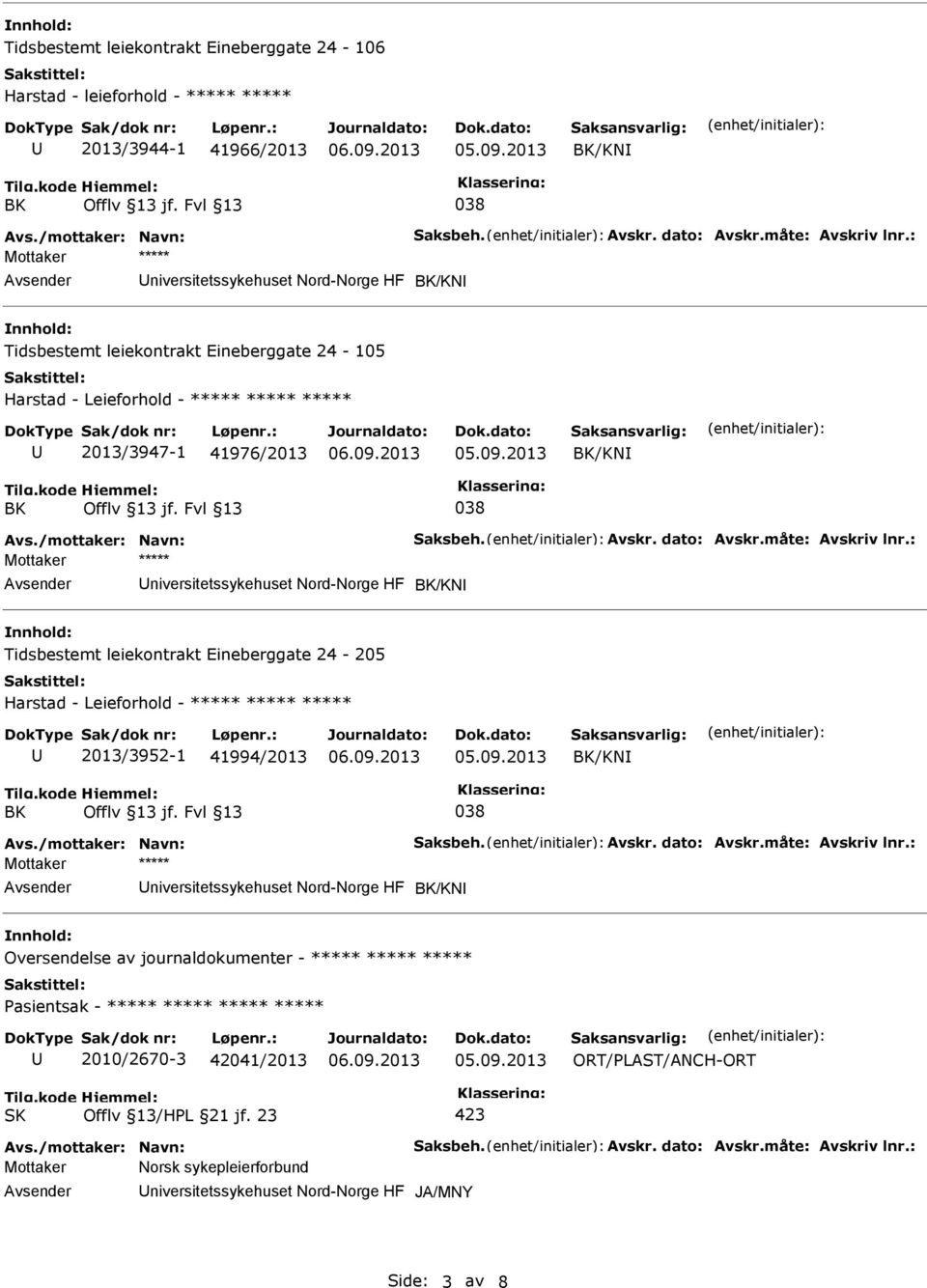 dato: Avskr.måte: Avskriv lnr.: niversitetssykehuset Nord-Norge HF /KN Tidsbestemt leiekontrakt Eineberggate 24-205 Harstad - Leieforhold - ***** ***** ***** 2013/3952-1 41994/2013 /KN Avs.