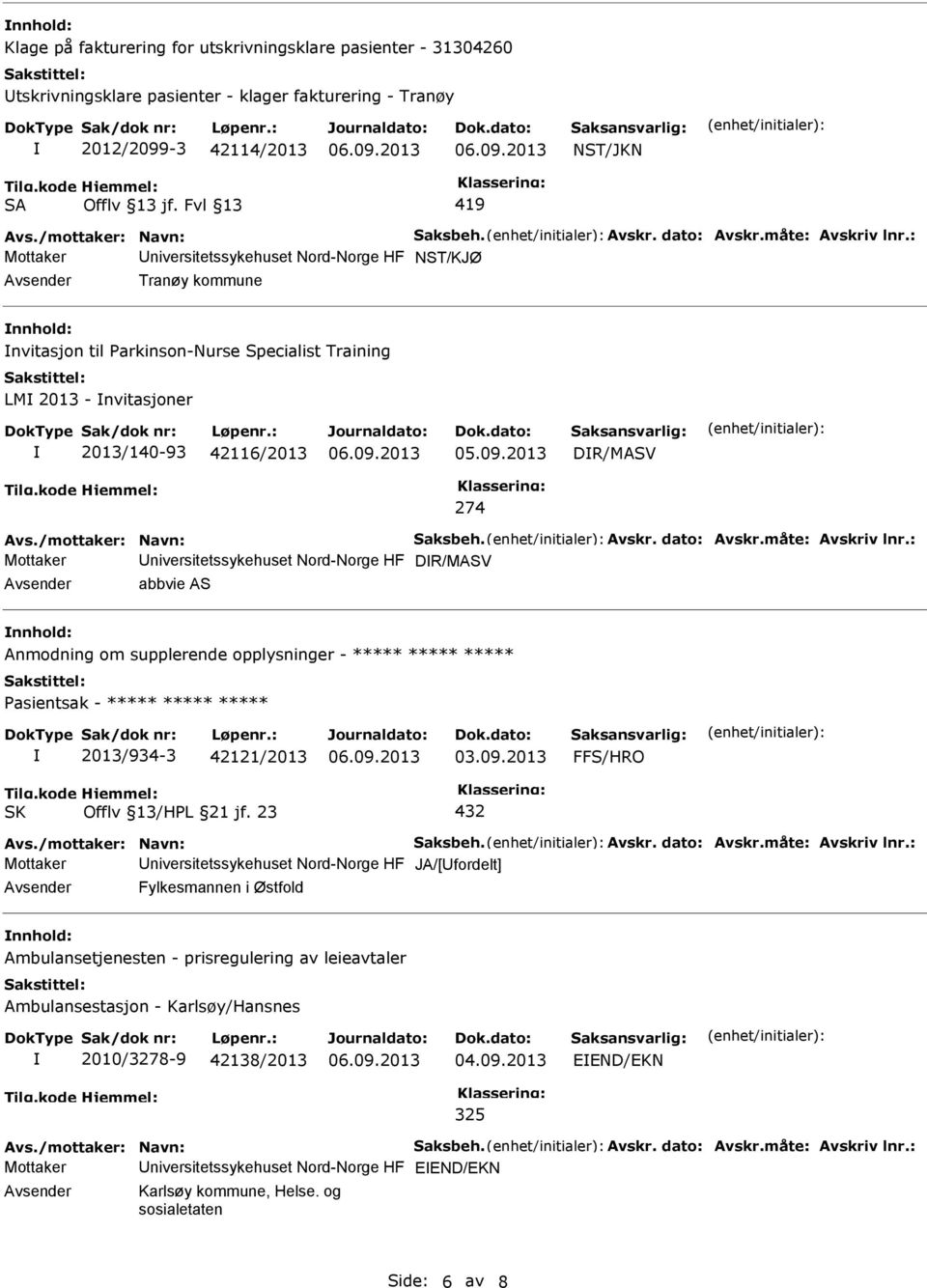 : Mottaker niversitetssykehuset Nord-Norge HF NST/KJØ Tranøy kommune nvitasjon til Parkinson-Nurse Specialist Training LM 2013 - nvitasjoner 2013/140-93 42116/2013 DR/MASV 274 Avs.