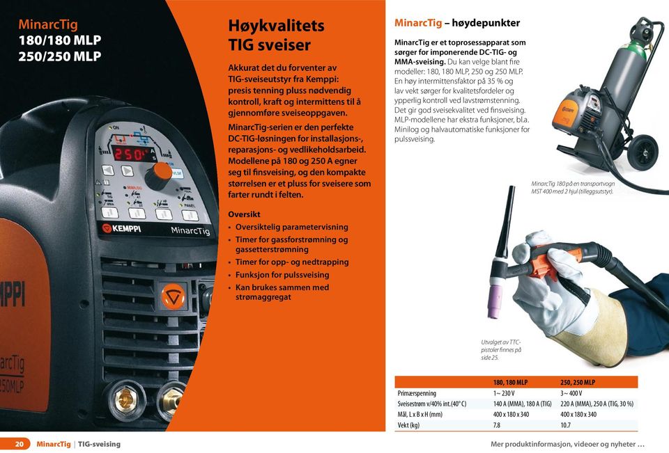 Modellene på 180 og 250 A egner seg til finsveising, og den kompakte størrelsen er et pluss for sveisere som farter rundt i felten.