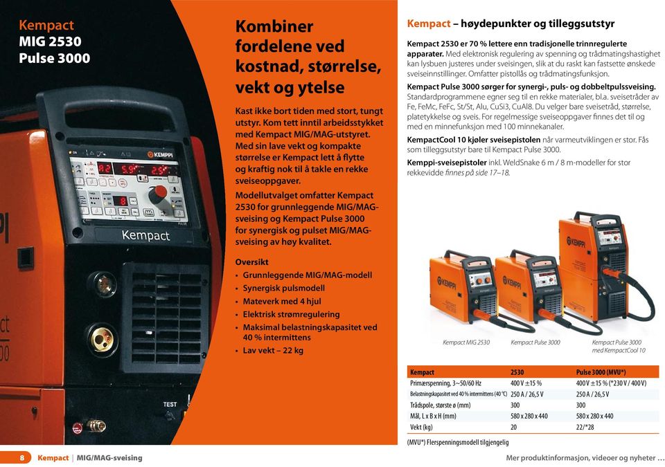 Modellutvalget omfatter Kempact 2530 for grunnleggende MIG/MAGsveising og Kempact Pulse 3000 for synergisk og pulset MIG/MAGsveising av høy kvalitet.