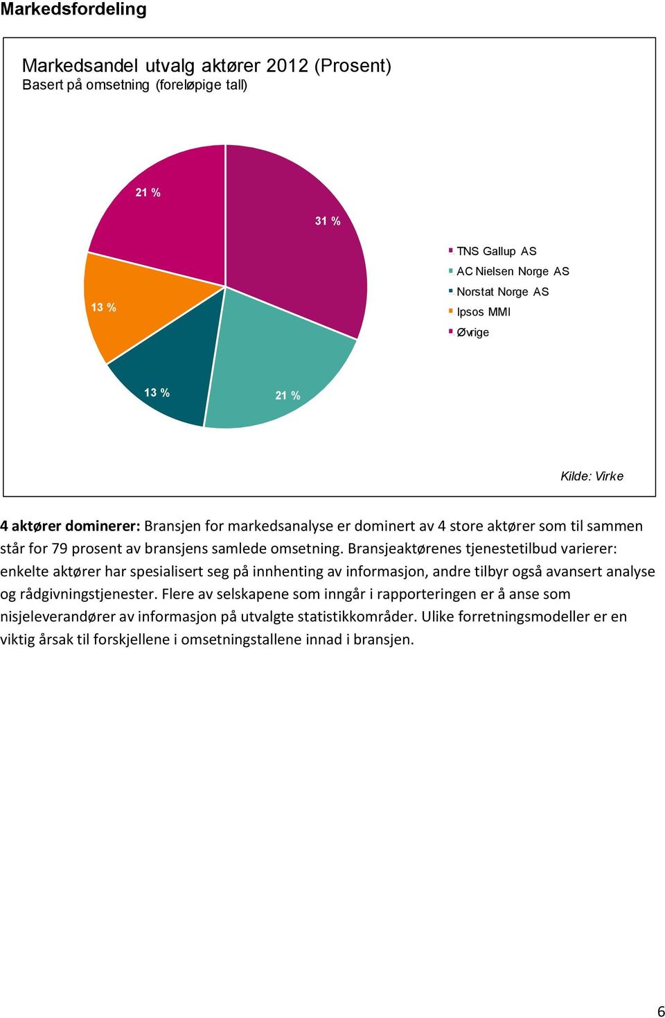 Bransjeaktørenes tjenestetilbud varierer: enkelte aktører har spesialisert seg på innhenting av informasjon, andre tilbyr også avansert analyse og rådgivningstjenester.