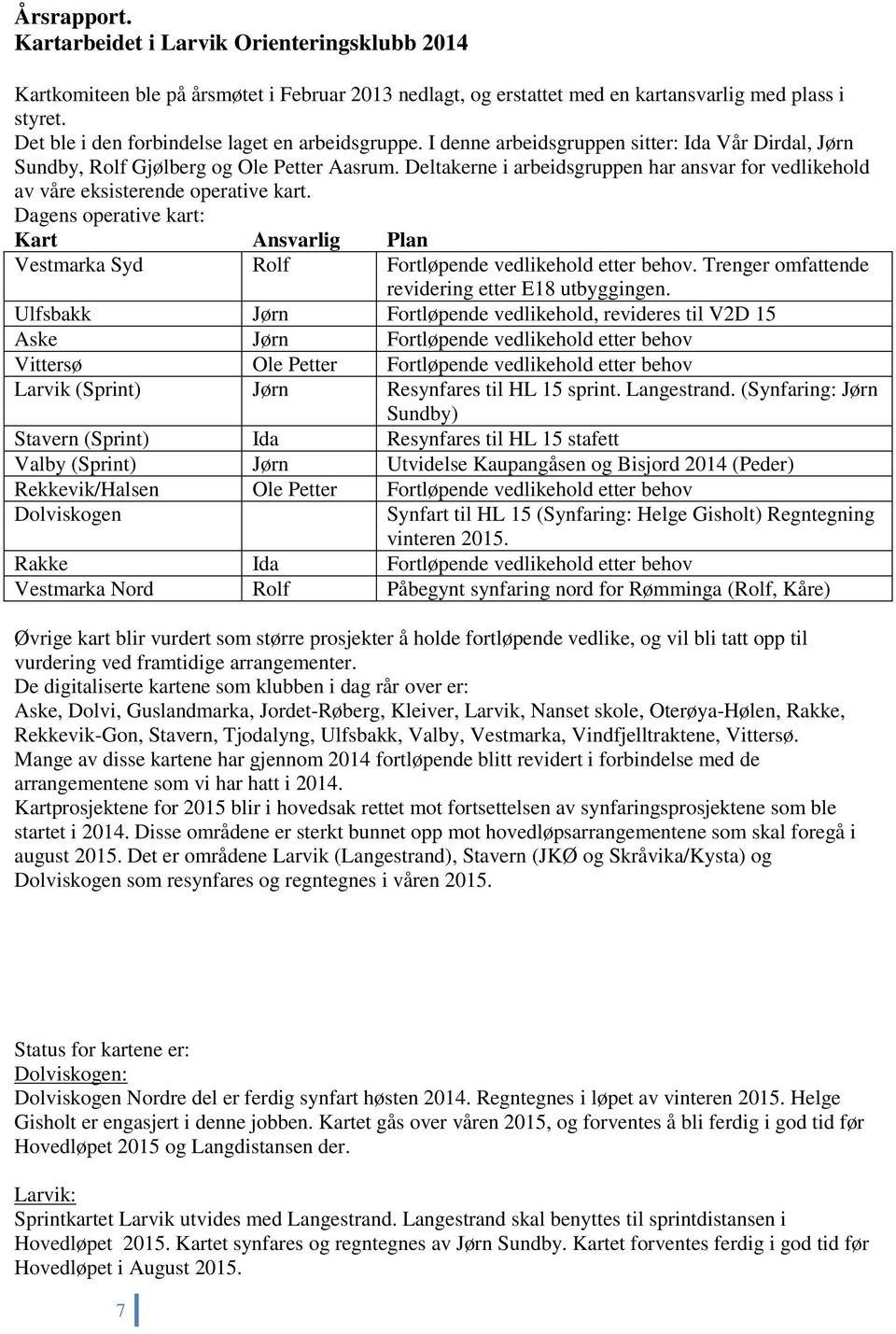 Deltakerne i arbeidsgruppen har ansvar for vedlikehold av våre eksisterende operative kart. Dagens operative kart: Kart Ansvarlig Plan Vestmarka Syd Rolf Fortløpende vedlikehold etter behov.