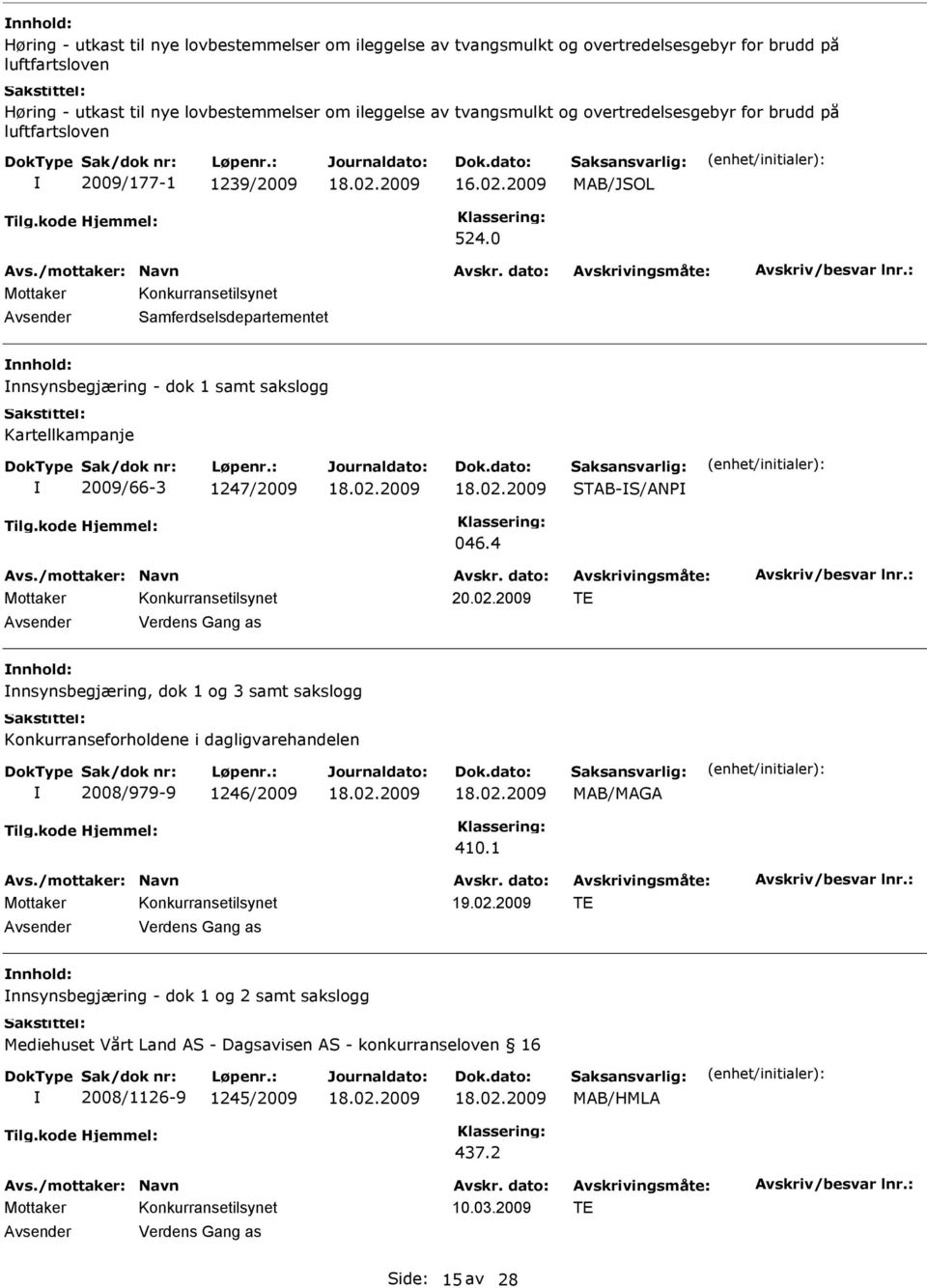 0 Samferdselsdepartementet nnhold: nnsynsbegjæring - dok 1 samt sakslogg Kartellkampanje 2009/66-3 1247/2009 STAB-S/ANP 046.