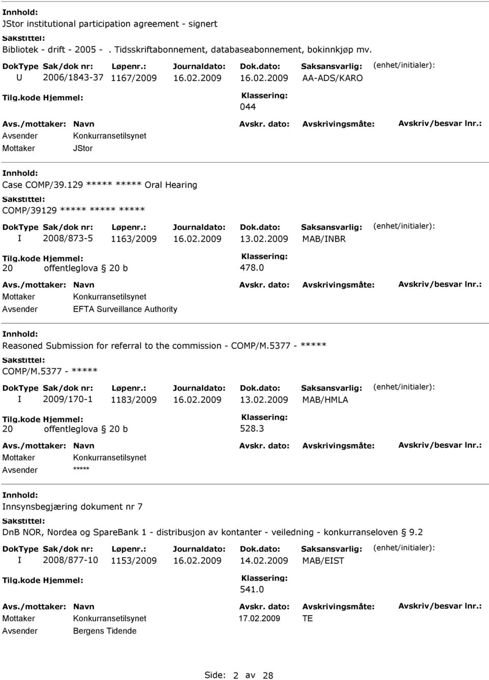 kode 20 Hjemmel: offentleglova 20 b 478.0 EFTA Surveillance Authority nnhold: Reasoned Submission for referral to the commission - COMP/M.5377 - ***** COMP/M.5377 - ***** 2009/170-1 1183/2009 13.02.