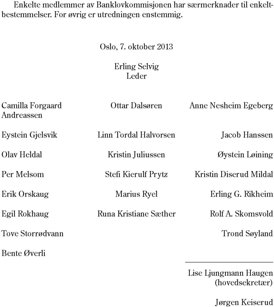 Hanssen Olav Heldal Kristin Juliussen Øystein Løining Per Melsom Stefi Kierulf Prytz Kristin Diserud Mildal Erik Orskaug Marius Ryel Erling G.