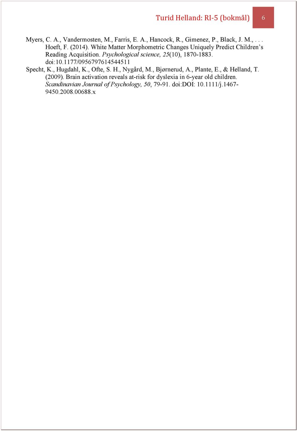 1177/0956797614544511 Specht, K., Hugdahl, K., Ofte, S. H., Nygård, M., Bjørnerud, A., Plante, E., & Helland, T. (2009).