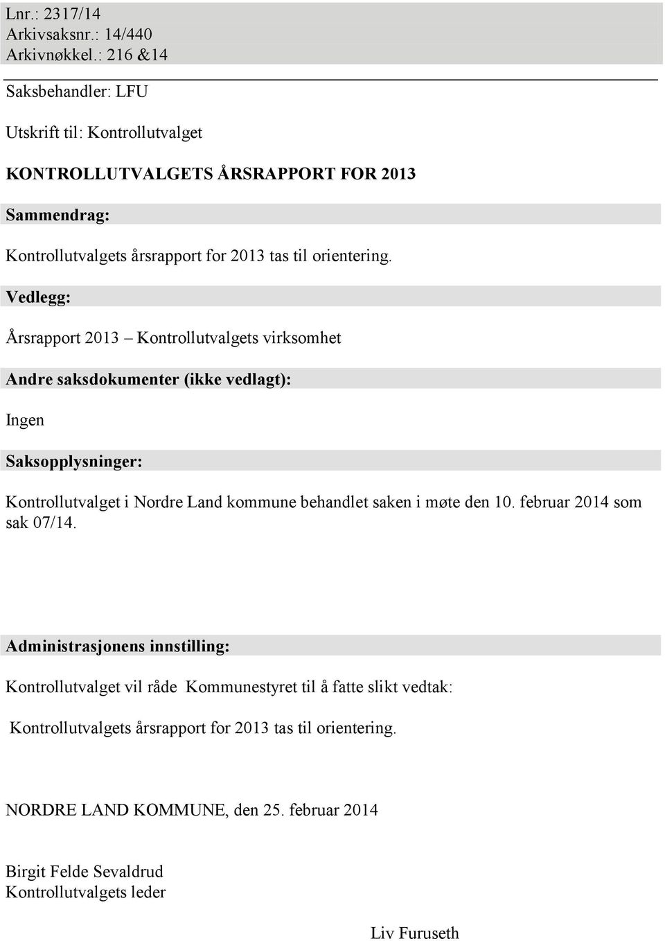 Vedlegg: Årsrapport 2013 Kontrollutvalgets virksomhet Andre saksdokumenter (ikke vedlagt): Ingen Saksopplysninger: Kontrollutvalget i Nordre Land kommune behandlet saken i