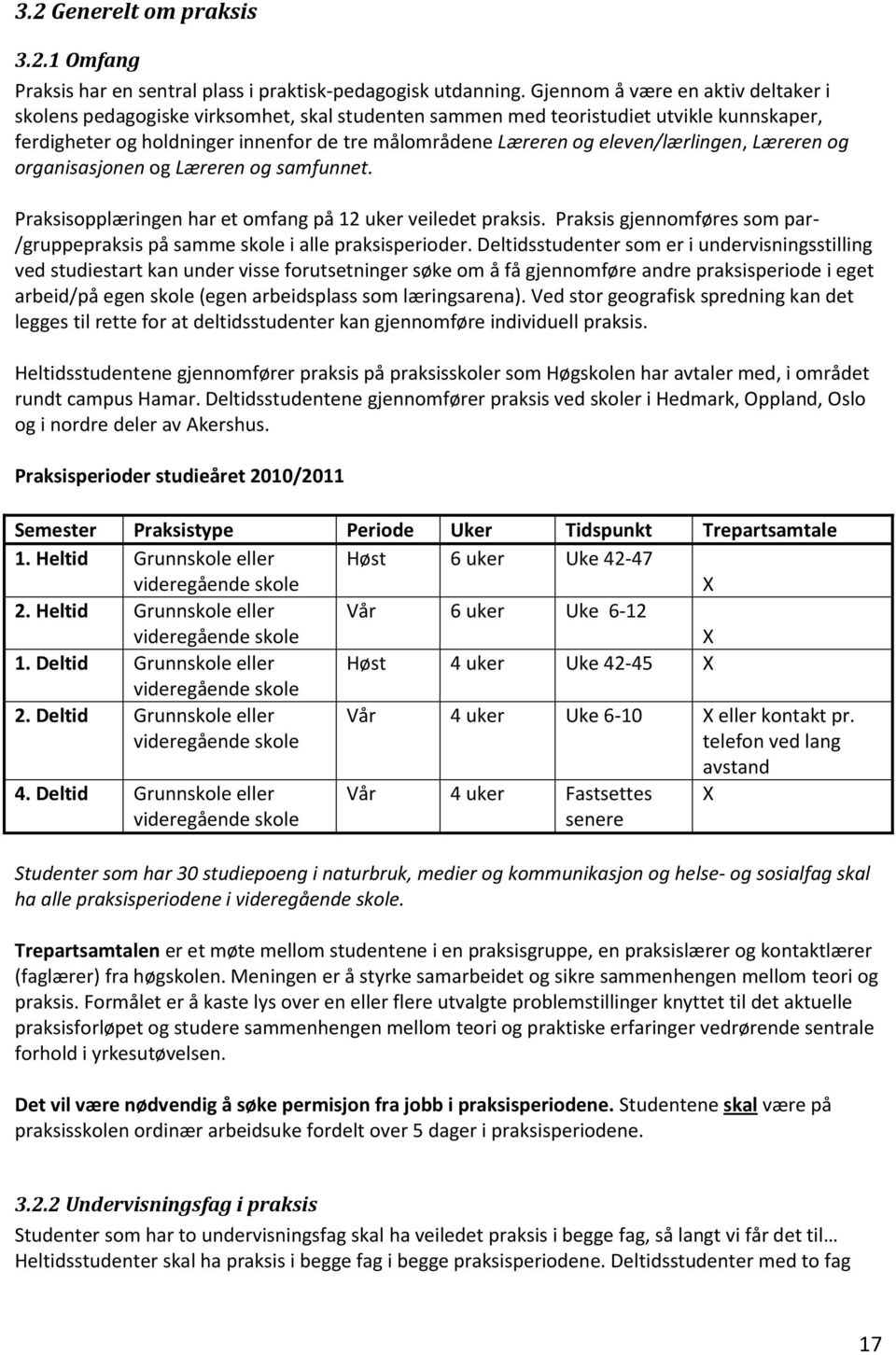 eleven/lærlingen, Læreren og organisasjonen og Læreren og samfunnet. Praksisopplæringen har et omfang på 12 uker veiledet praksis.