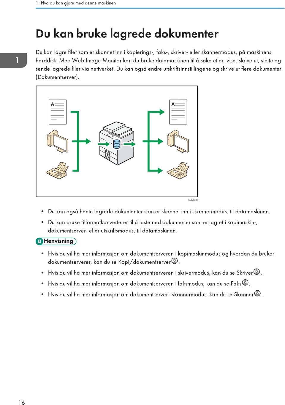 Du kan også endre utskriftsinnstillingene og skrive ut flere dokumenter (Dokumentserver). CJQ603 Du kan også hente lagrede dokumenter som er skannet inn i skannermodus, til datamaskinen.