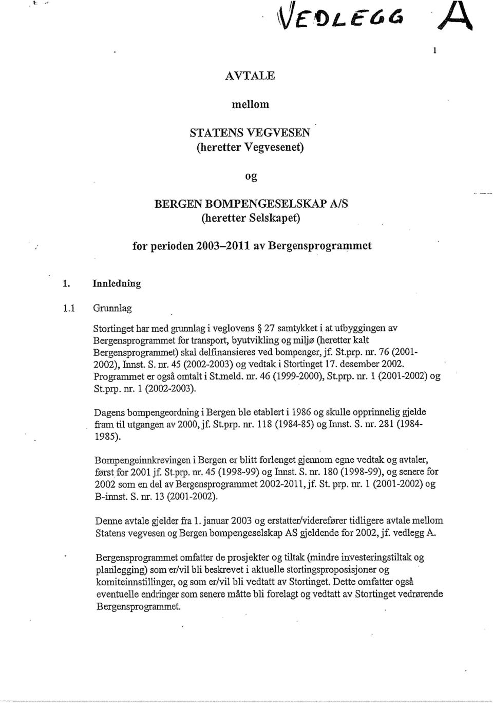 bompenger, jf. St.prp. nr. 76 (2001-2002), Innst. 5. nr. 45(2002-2003) og vedtak i Stortinget 17. desember 2002. Programmet er også omtalt i St.meld. nr. 46 (1999-2000), St.prp. nr. 1 (2001-2002) og Stprp.