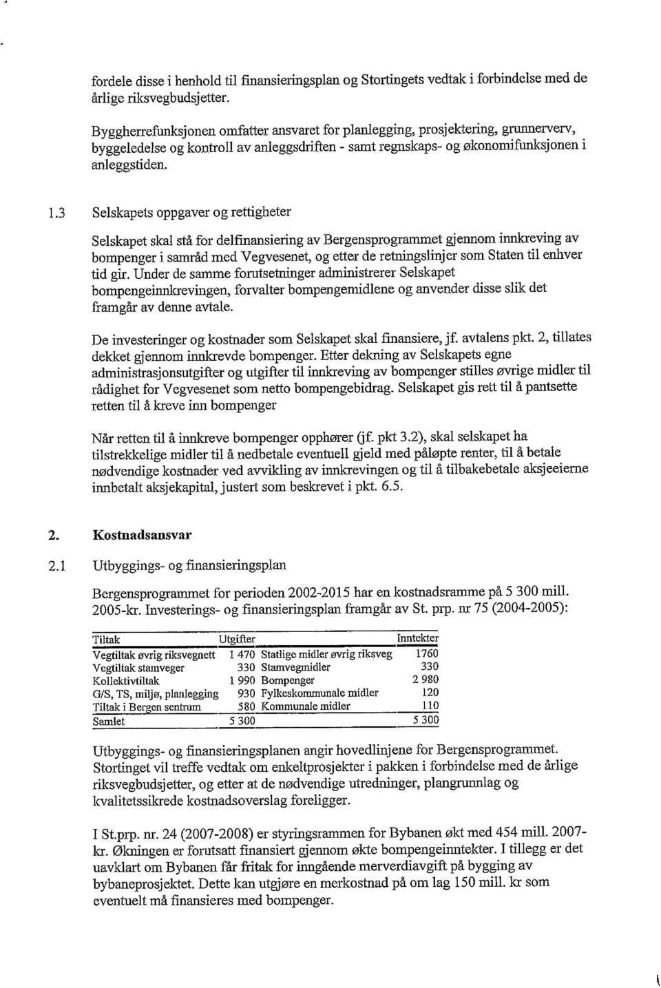 3 Selskapets oppgaver og rettigheter Selskapet skal stå for delfinansiering av Bergensprogrammet gjennom innkreving av bompenger i samråd med Vegvesenet, og etter de retningslinjer som Staten til