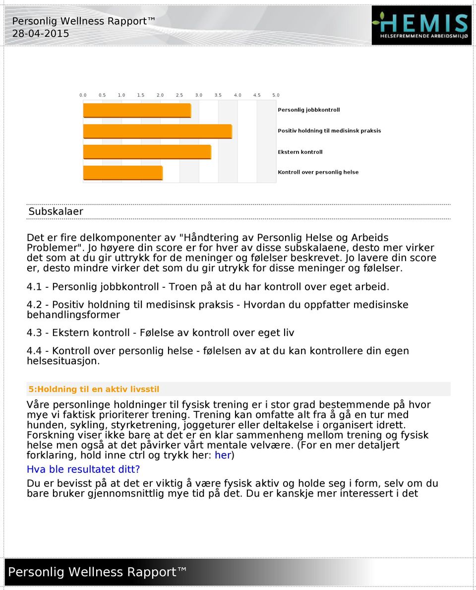 Jo lavere din score er, desto mindre virker det som du gir utrykk for disse meninger og følelser. 4.1 - Personlig jobbkontroll - Troen på at du har kontroll over eget arbeid. 4.2 - Positiv holdning til medisinsk praksis - Hvordan du oppfatter medisinske behandlingsformer 4.