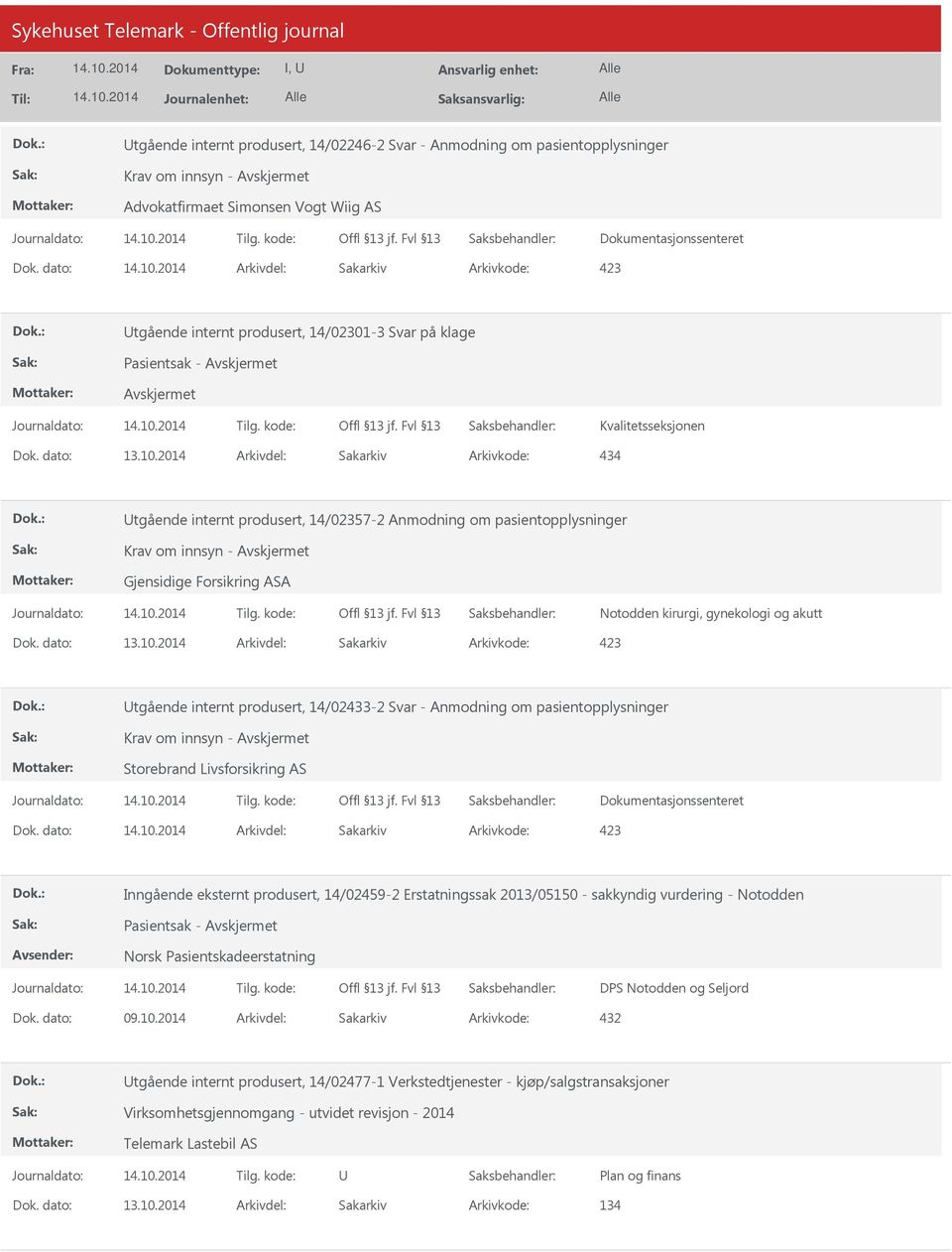 Gjensidige Forsikring ASA Arkivkode: 423 tgående internt produsert, 14/02433-2 Svar - Anmodning om pasientopplysninger Krav om innsyn - Storebrand Livsforsikring AS Dokumentasjonssenteret Dok.