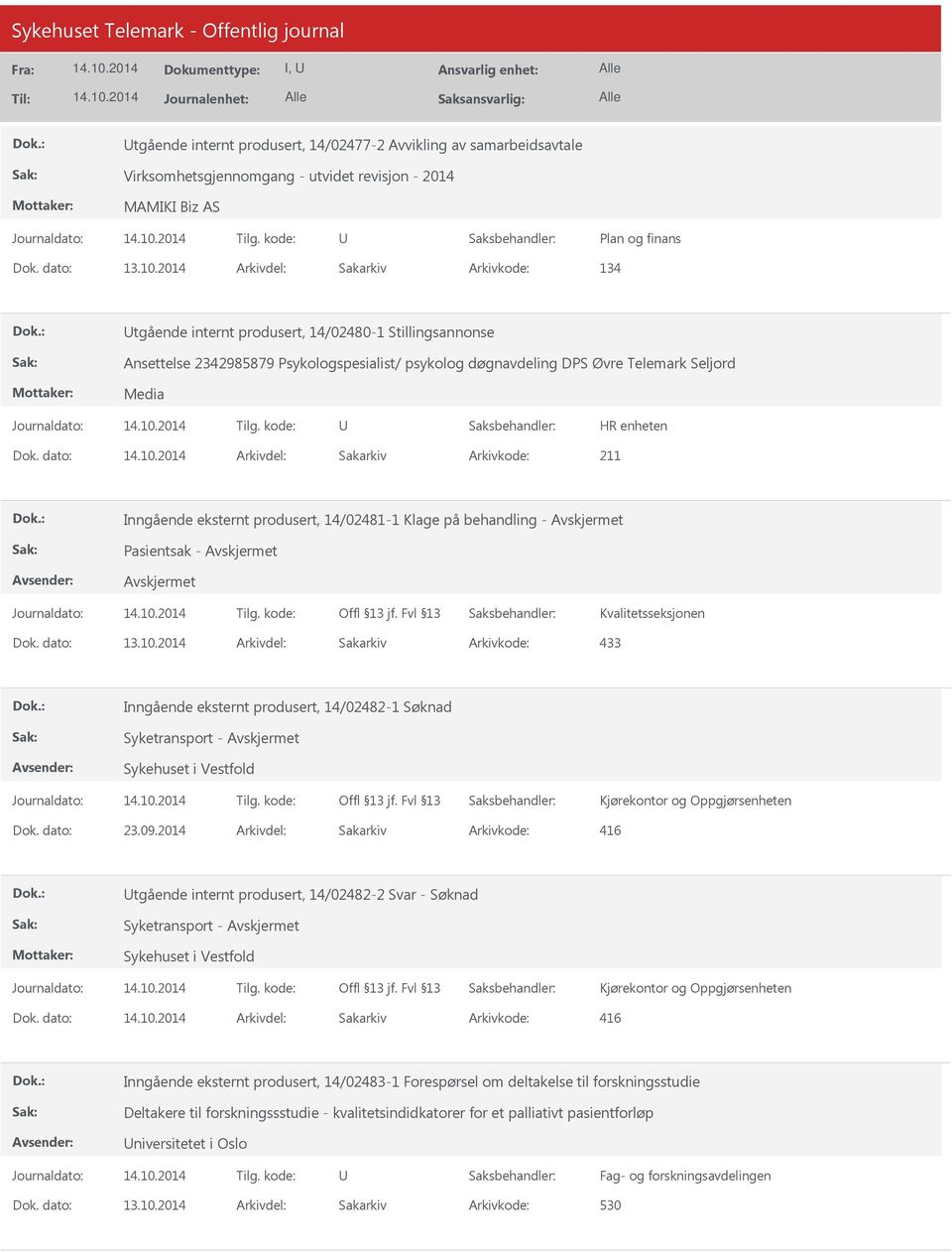 dato: Arkivdel: Sakarkiv Inngående eksternt produsert, 14/02481-1 Klage på behandling - Inngående eksternt produsert, 14/02482-1 Søknad Syketransport - Sykehuset i Vestfold Kjørekontor og