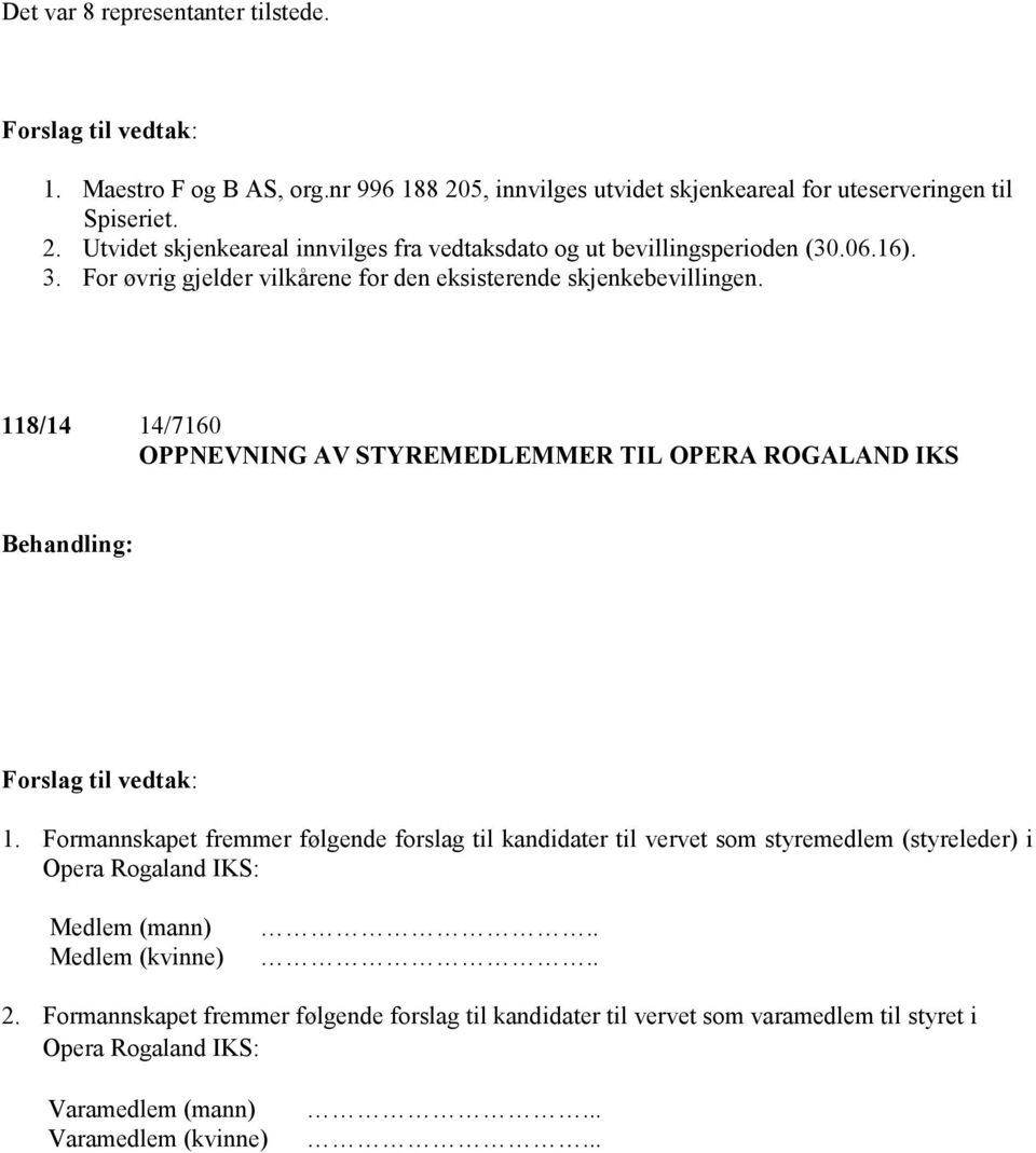 Formannskapet fremmer følgende forslag til kandidater til vervet som styremedlem (styreleder) i Opera Rogaland IKS: Medlem (mann) Medlem (kvinne).... 2.
